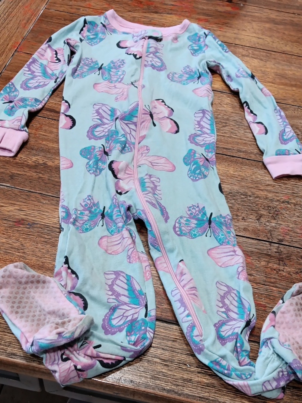 Childrens Place Girls Mint Butterfly One-Piece Pajama - Pink Trim
